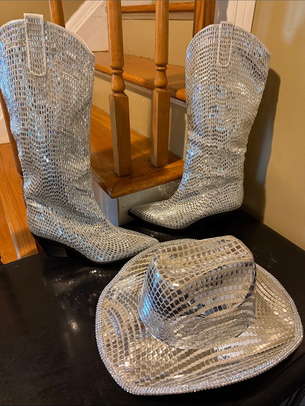 Silver Sequin Cowboy Heeled Boots